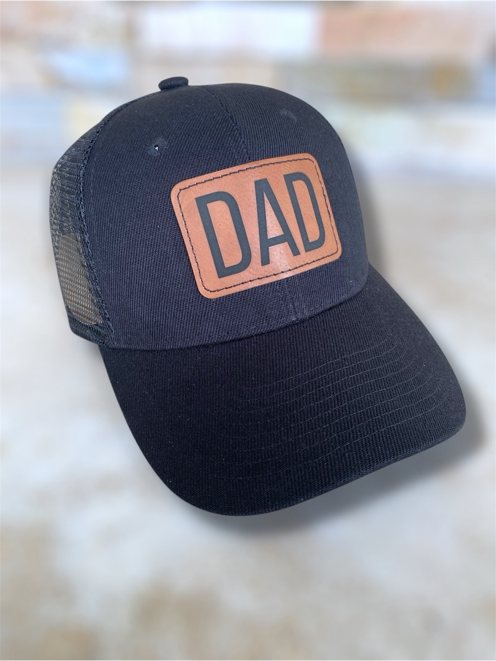 DAD Leather Patch Black Trucker Hat | Adjustable Snapback Cap